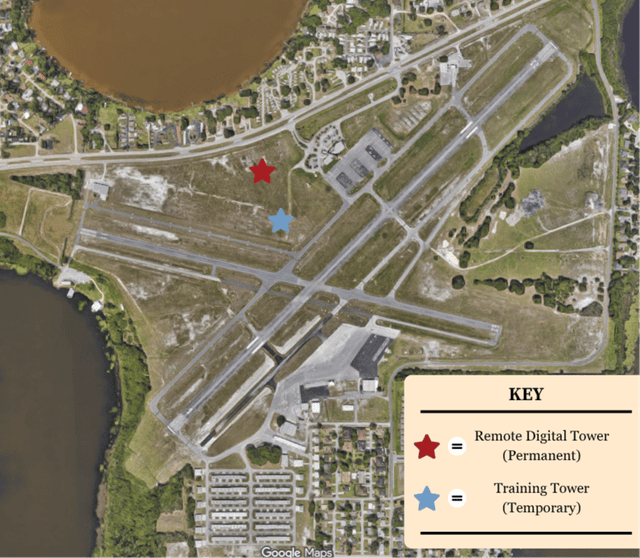 Simplified aerial view map that shows proposed location for the Remote Digital Tower and the Training Tower