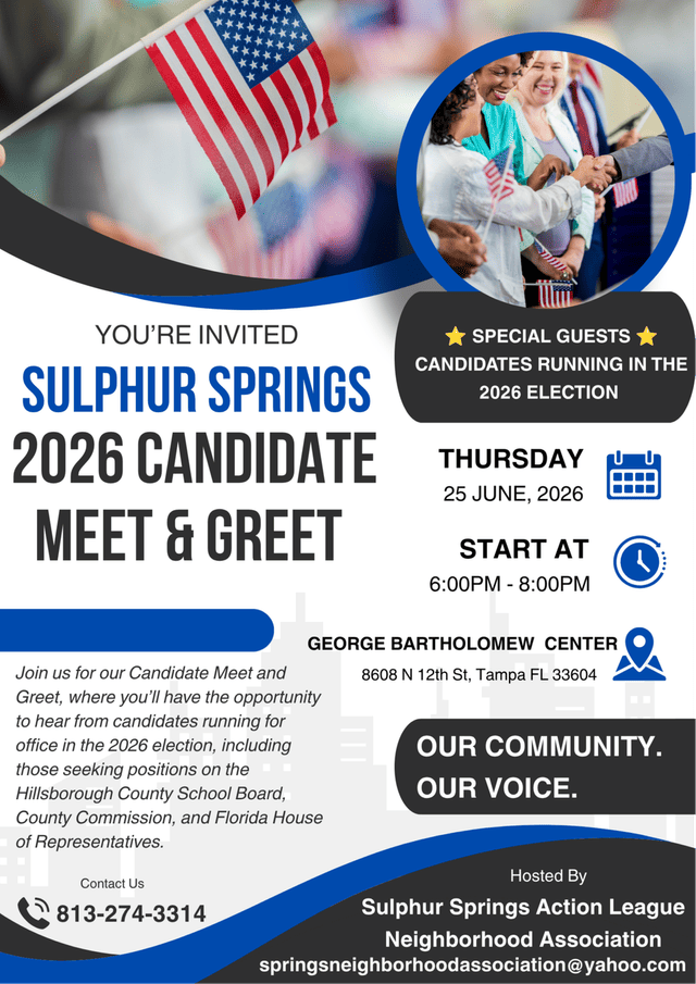 A flyer for the sulphur springs candidate meet and greet