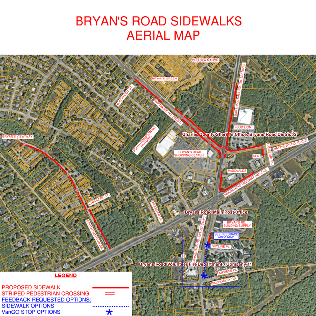 Aerial map of proposed sidewalk improvement projects in Bryans Road.