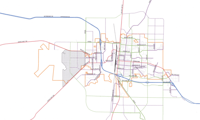 A map of the PDF major street plan with the different level of streets shown by different colors. 
