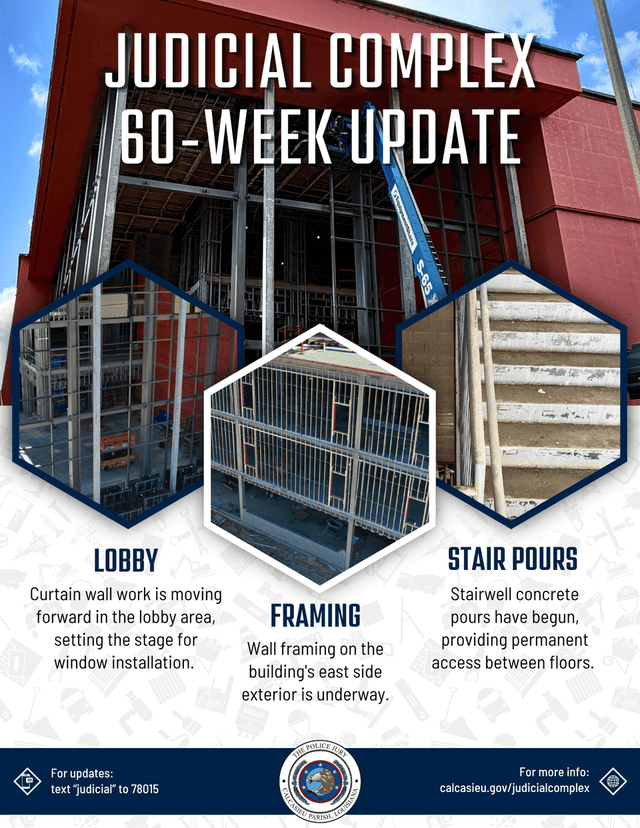 Graphic titled “Judicial Complex 60-Week Update” showing construction photos of lobby curtain wall work, east-side exterior wall framing and newly poured concrete stairs. Text explains that lobby work is preparing for window installation, exterior framing is underway and stairwell pours are providing permanent access between floors. For updates, text “judicial” to 78015 or visit calcasieu.gov/judicialcomplex.