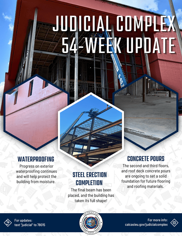 Graphic showing the 54-week construction update for the Calcasieu Parish Judicial Complex. Photos show ongoing construction, including exterior waterproofing, concrete pours on the second and third floors and roof deck, and the completed steel structure following placement of the final beam. For project updates, visit calcasieu.gov/judicialcomplex or text JUDICIAL to 78015.