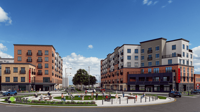 A rendering of large buildings along College Avenue, looking south