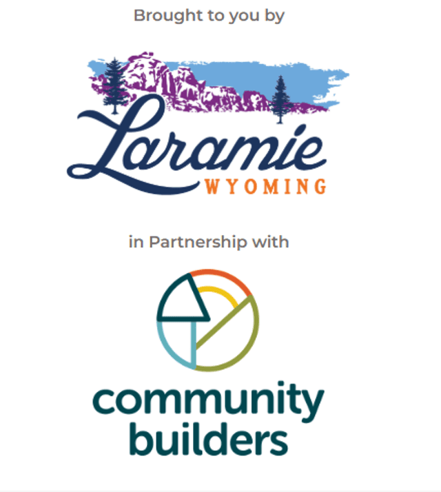 City of Laramie, Wyoming logo displayed above the Community Builders logo, indicating the initiative is brought to you by the City of Laramie in partnership with Community Builders.