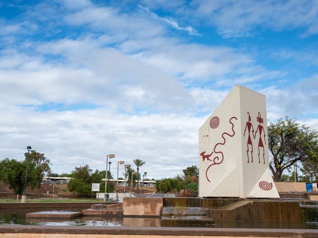 View of the McDowell Exhibit Plaza monolith and fountain at Eldorado Park.