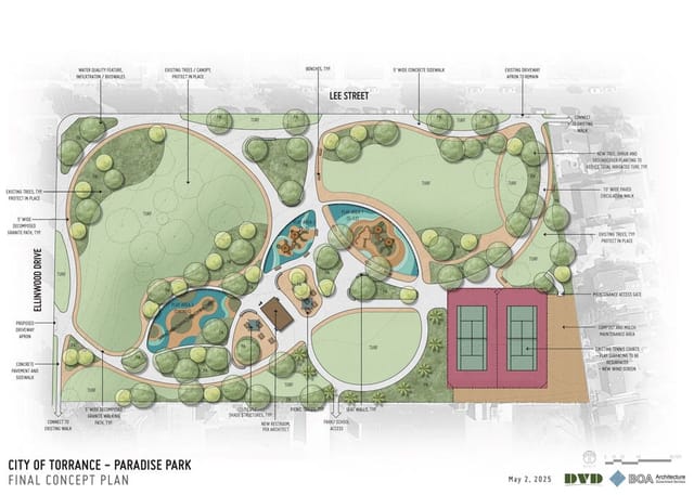 Illustrated final concept plan for the proposed Paradise Park improvements, showing play areas, open lawns, walking paths, picnic areas, landscaping, and tennis courts.