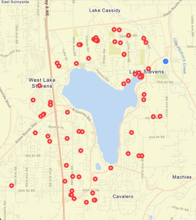 A map of the City of Lake Stevens with red dots representing locations of reported vehicle speeding received through the city's request portal. There are over 50 dots but many are clustered, so there are around 35 separate locations.