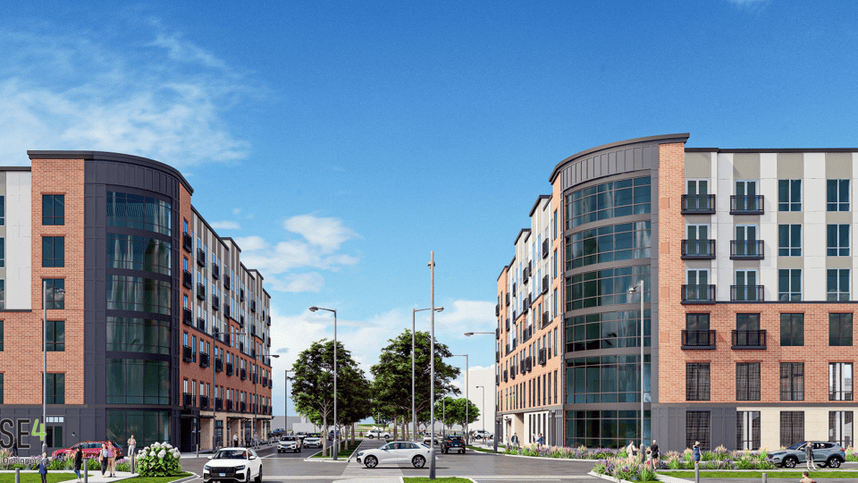 A rendering of two large residential apartment buildings in Uptown Normal, north of Uptown Circle.
