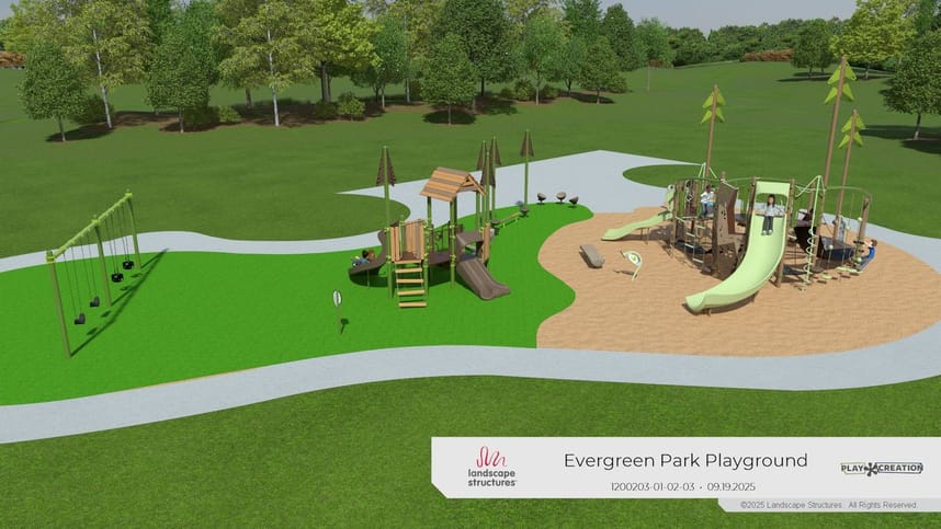 Full playground aerial showing swings and two play structures. 
