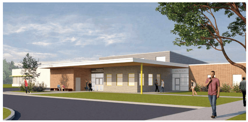 A draft drawing of the new Homeless Services Center. The image depicts a one-story, modern, brick building.