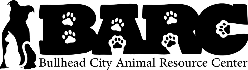 Bullhead Animal Resource Center Logo - A silhouette of a cat and a silhouette of a dog overlap each other next to the capital letters BARC. The empty spaces of the capital letters are cut out with animal pawprints. 