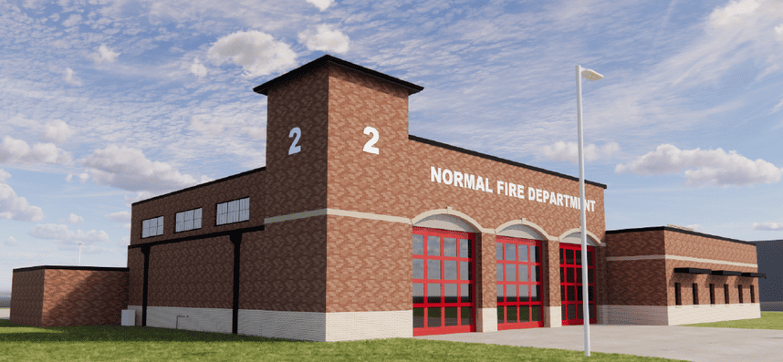 Image of the proposed new fire station two: an all-masonry, one-story building 