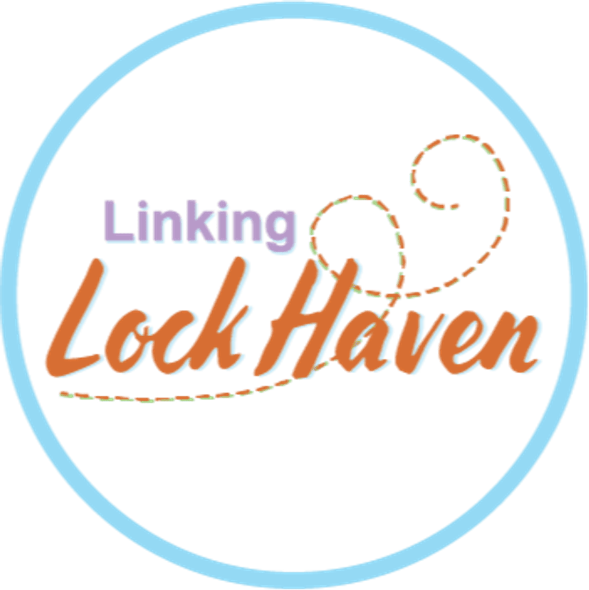 Linking Lock Haven logo showing the words "Linking Lock Haven" in a circle with a curly dotted line in the background