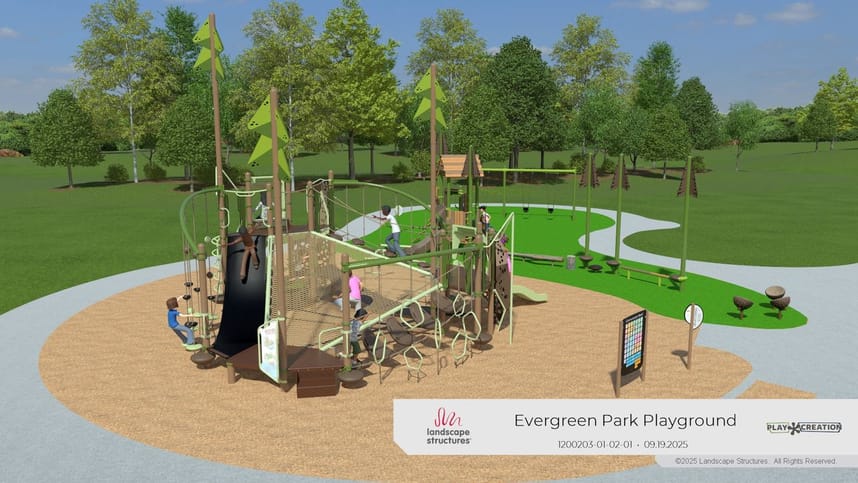 Large play structure with net climber, slide and climbing wall.