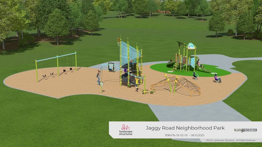 Aerial rendering of the new playground with two climbing structures and swings