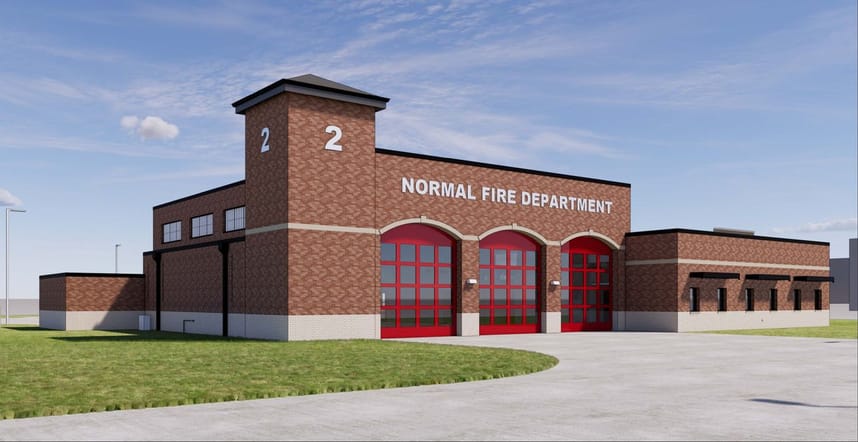 An artist rendering of the new fire station 2, with three doors for fire trucks. 