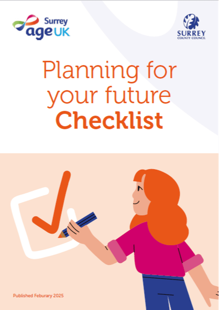 Front cover of a document titled “Planning for your future Checklist,” featuring the logos of Surrey Age UK and Surrey County Council at the top. Below the title, an illustrated person with long hair is drawing a large orange checkmark inside a box. 