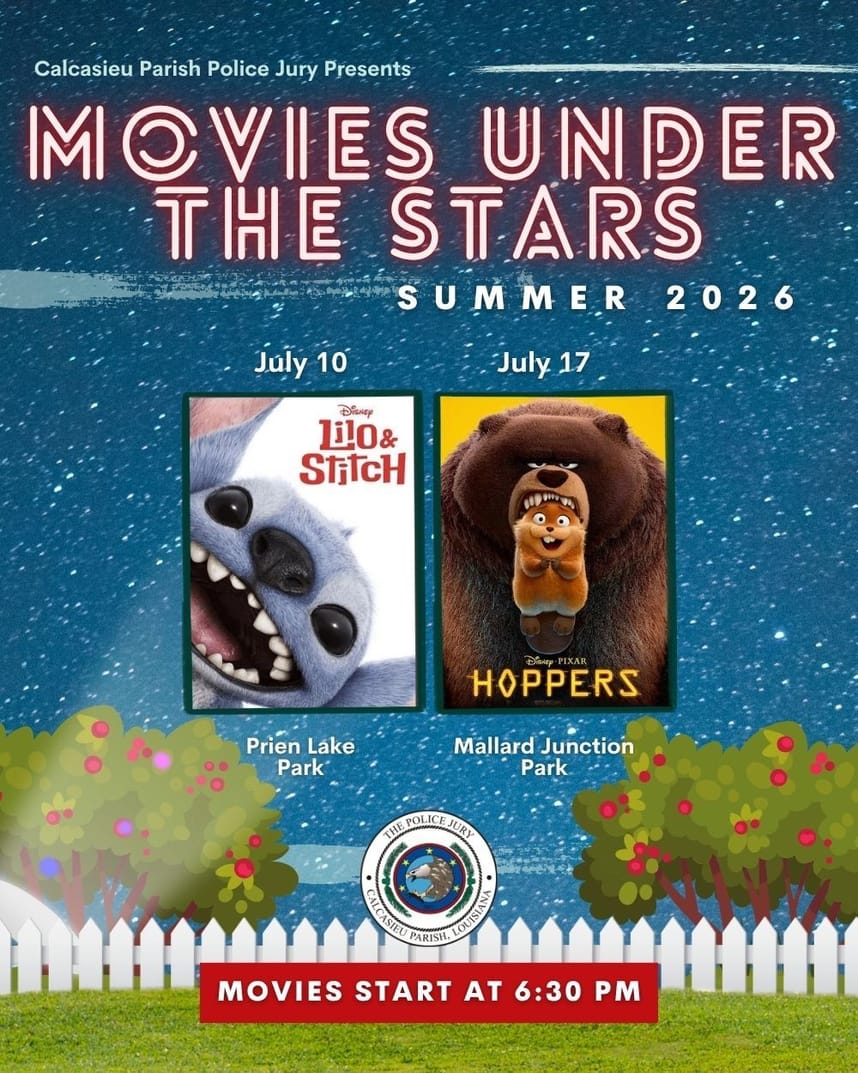 Flyer with all of movies listed. July 10th, Lilo and Stitch live action is showing at Prien Lake Park. July 17th, Hoppers is showing at Mallard Junction Park. Movies start at 6:30 PM.