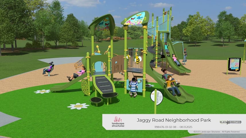 A small play structure with a slide and younger children playing. 