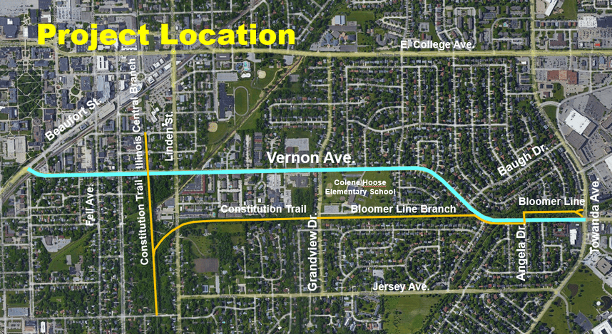 Image illustrating the area of study: Vernon Avenue from Beaufort Street to Towanda Avenue. 