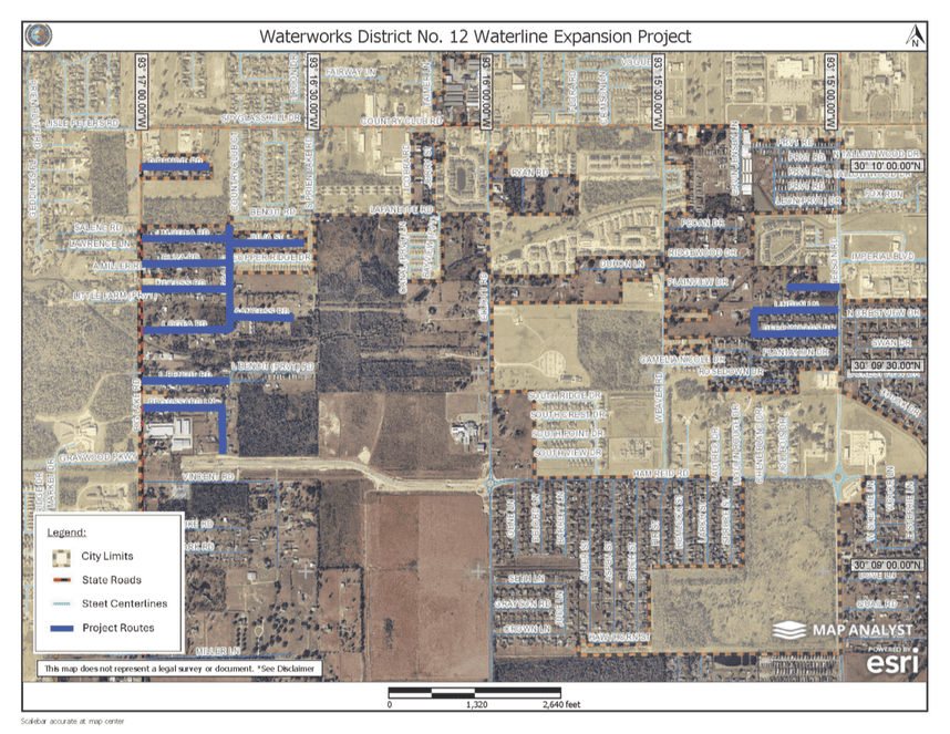 Aerial map titled “Waterworks District No. 12 Waterline Expansion Project.” The map shows a portion of north Lake Charles with streets, neighborhoods, and city limits. Proposed waterline expansion routes are highlighted in blue along multiple residential streets west and east of Nelson Road, including areas near Benoit Road, Miller Road, Ryan Road, Pecan Drive, Plantation Drive, and surrounding subdivisions. A legend identifies city limits, state roads, street centerlines, and project routes. A north arrow and scale bar are included.