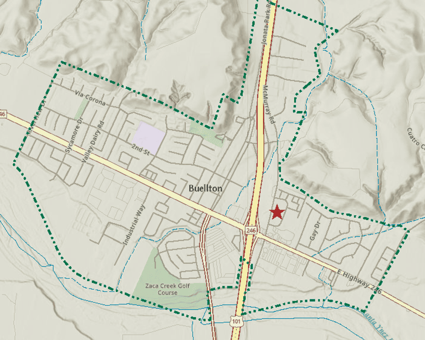 Map of Buellton showing location of the Village Hotel project