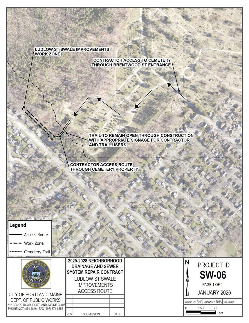 Proposed contractor access route through Evergreen Cemetery