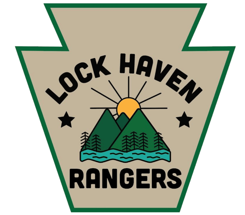 Created badge for the Lock Haven Rangers. A keystone shape badge with mountains and a sunset with the words "Lock Haven Rangers"