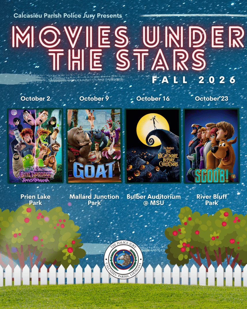 Flyer with all of movies listed. Oct. 2, Hotel Transylvania: Transformania is showing at Prien Lake Park. Oct. 9, GOAT is showing at Mallard Junction Park, Oct. 16 The Nightmare Before Christmas is showing at Bulber Auditorium @ MSU, Oct. 23 SCOOB! is showing at Rover Bluff Park. Movies start at 6:30 PM.