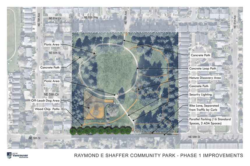 Aerial view of Raymond E. Shaffer Park showing the areas of improvement in Phase 1