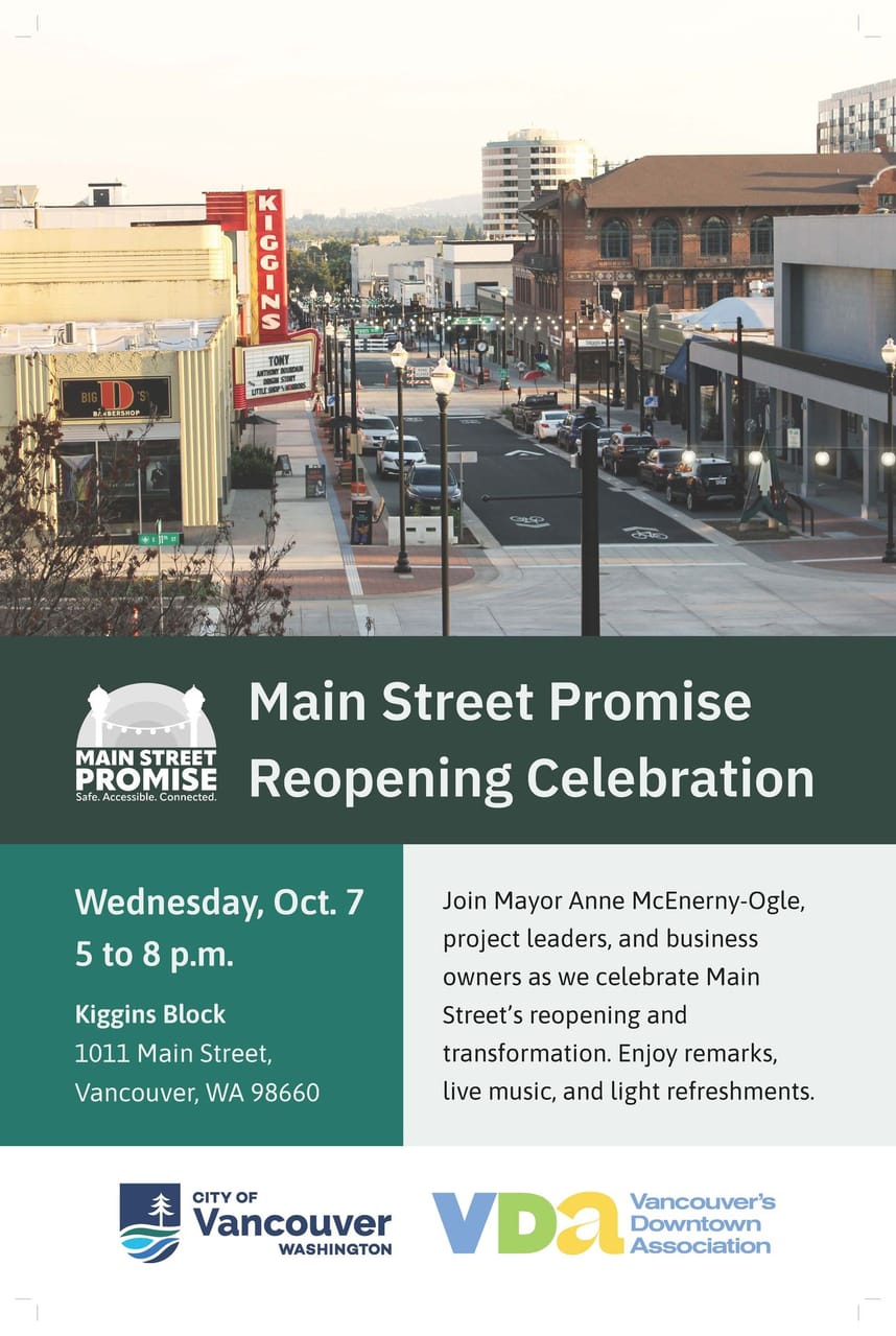 Main Street Promise Opening Celebration flyer. Wednesday, October 7 from 5:00 p.m. to 8:00 p.m. at 1011 Main Street, Vancouver, WA 98660.
