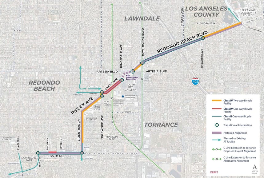 Map showing the proposed Redondo Beach Boulevard bicycle facility route through Redondo Beach, Torrance, Lawndale and Los Angeles County. Color-coded lines identify proposed Class II bike lanes, Class IV one-way and two-way protected bicycle facilities, preferred alignments and connections to existing or planned bicycle routes. The map is marked as a draft.
