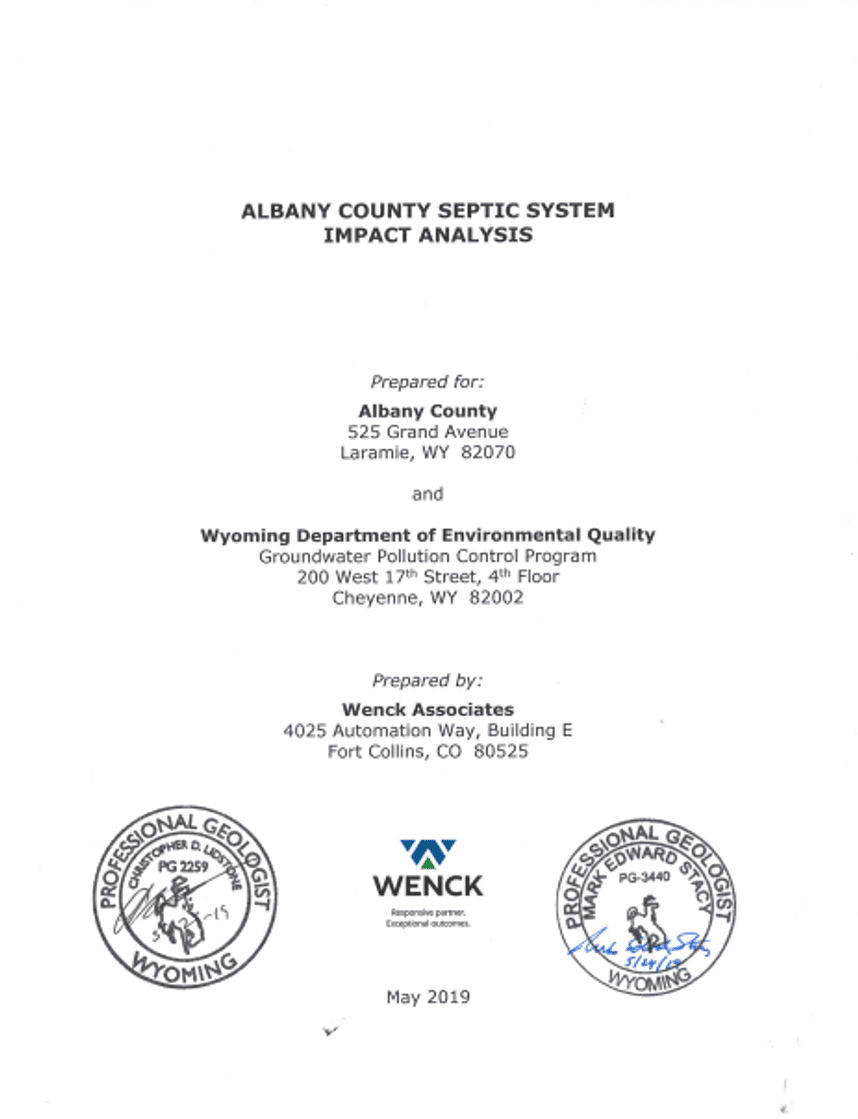The PDF cover of the Albany County Septic System Impact Analysis