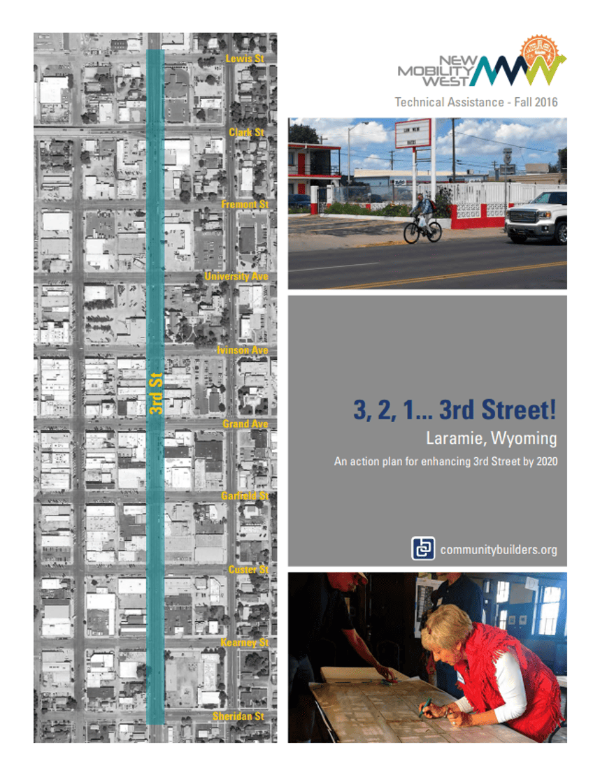 Cover of the “3, 2, 1… 3rd Street!” Laramie action plan, featuring an aerial map of 3rd Street, a bicyclist on the corridor, and a community planning activity.