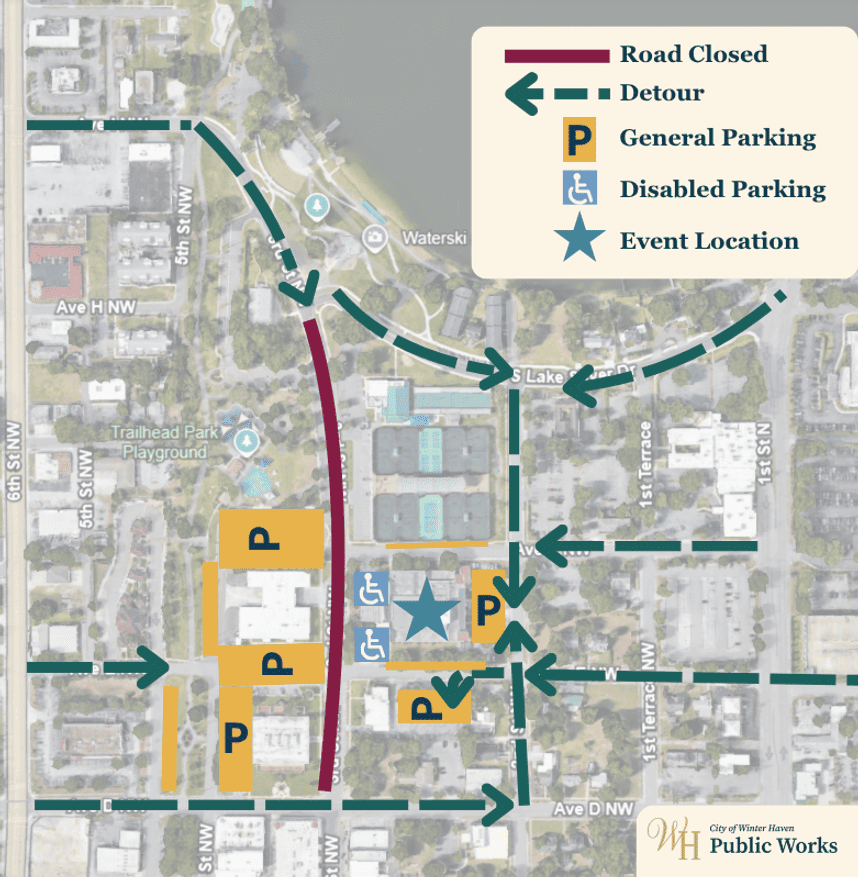 Map showing the event location, road closure, detour routes, and parking availability. 