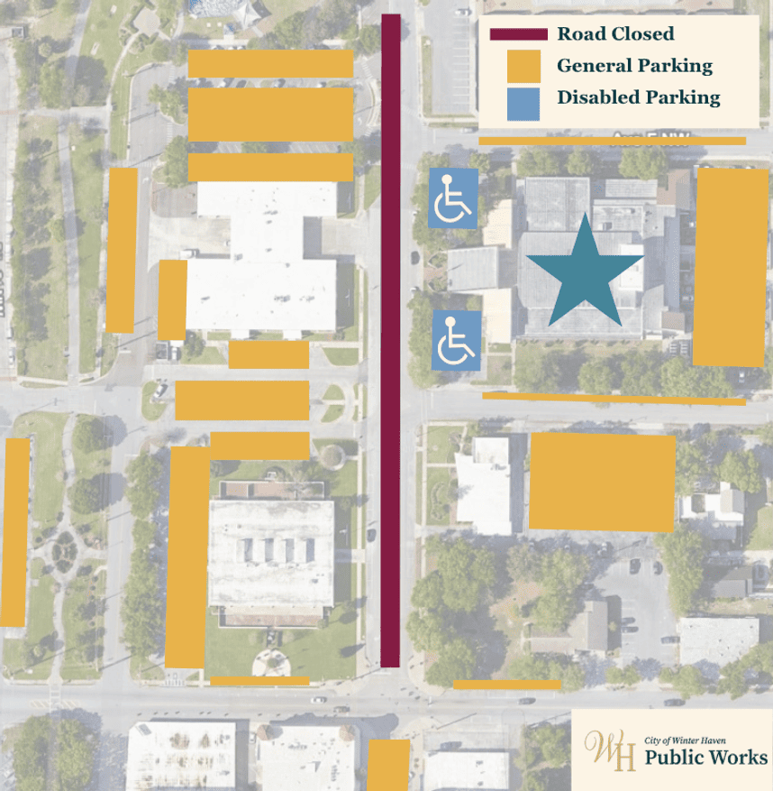 Map showing the event location, road closure and parking availability. 