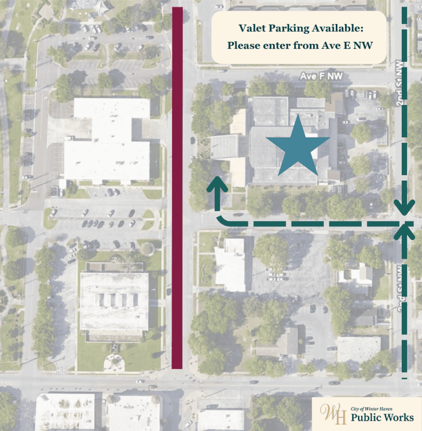 Map showing the event location and accessibility of Valet Parking Service. 