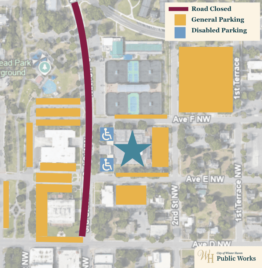 Map showing the event location, road closure and parking availability.