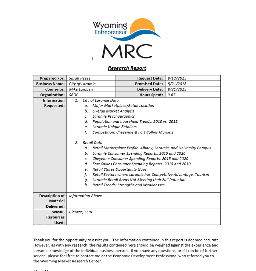 Wyoming Market Research Center report analyzing Laramie’s retail market, consumer spending, demographics, psychographics, competition, and retail opportunities.