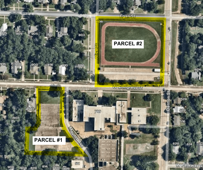 A zoomed in aerial image clearly showing the two sections or park land - the north track and field and the west tennis courts. 