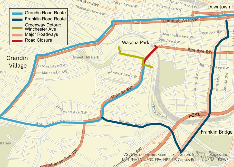 Main thoroughfare detours to explore while the Wasena Bridge is down include Campbell to Memorial to Brandon to Main, Franklin to Brandon to Main