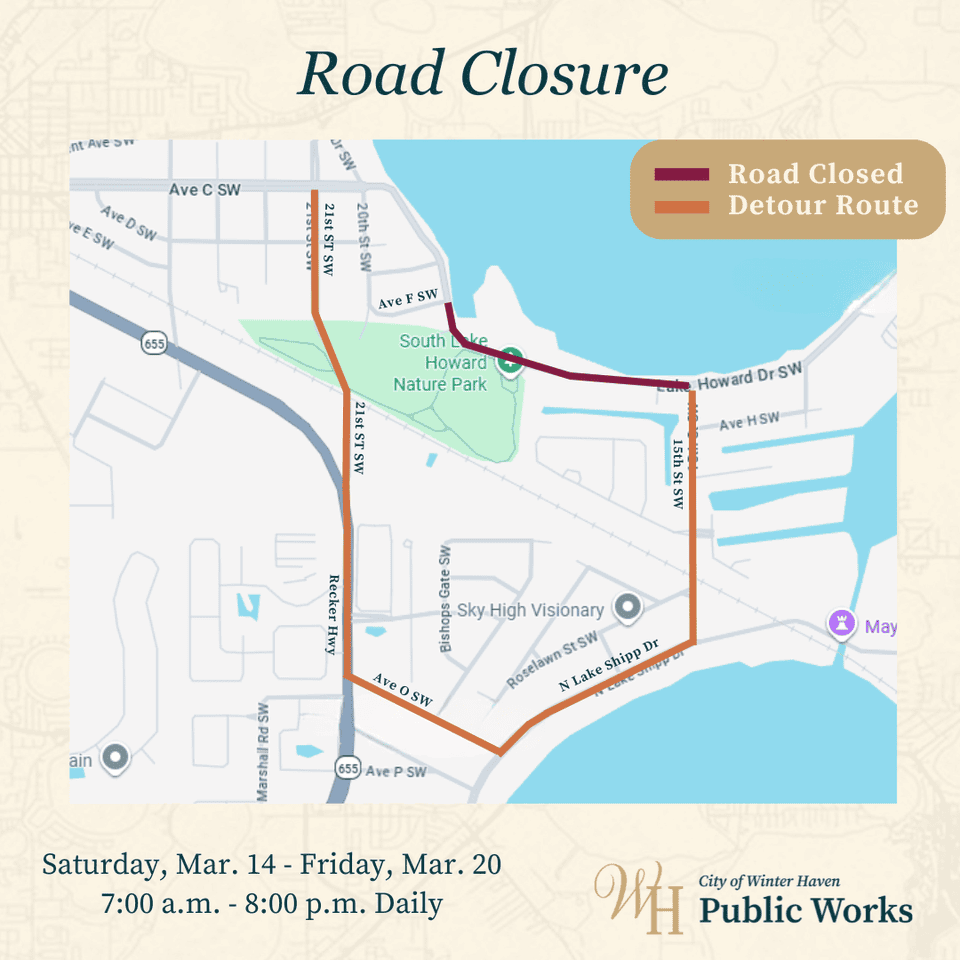 Map of Lake Howard Dr SW Road Closure Detour Route