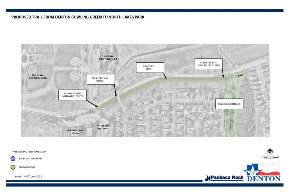 Photo of proposed trail from Denton bowling green park to North Lakes park