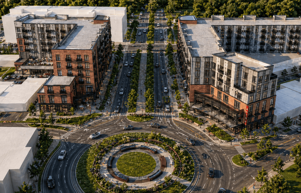 A rendering of two large residential apartment buildings in Uptown Normal, north of Uptown Circle. 