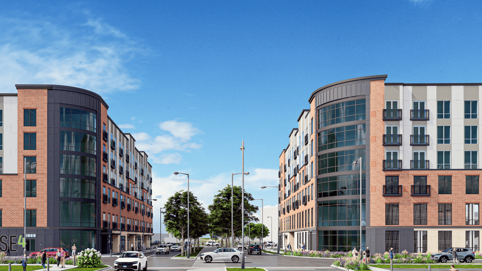 A rendering of two large residential apartment buildings in Uptown Normal, north of Uptown Circle.