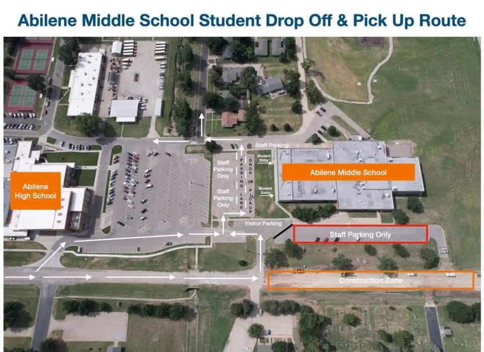 Aerial map of AMS School drop-off and pick-up route