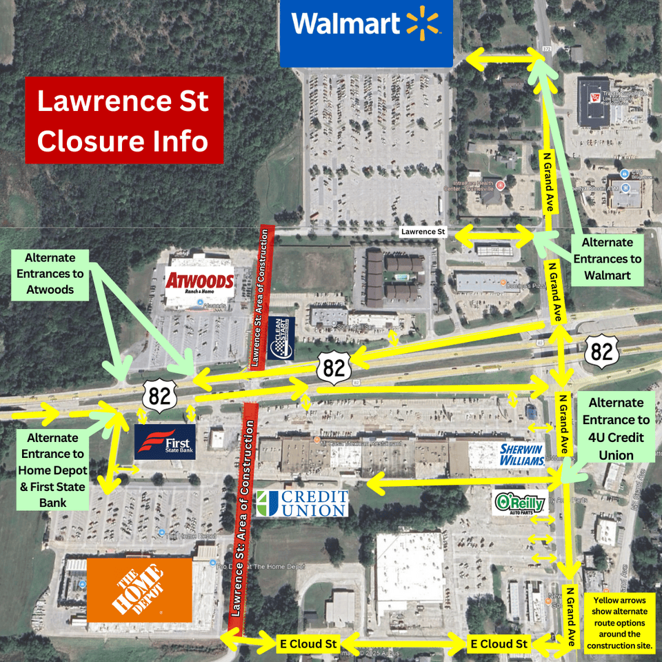 Map showing alternate route options to access businesses in the area during construction.