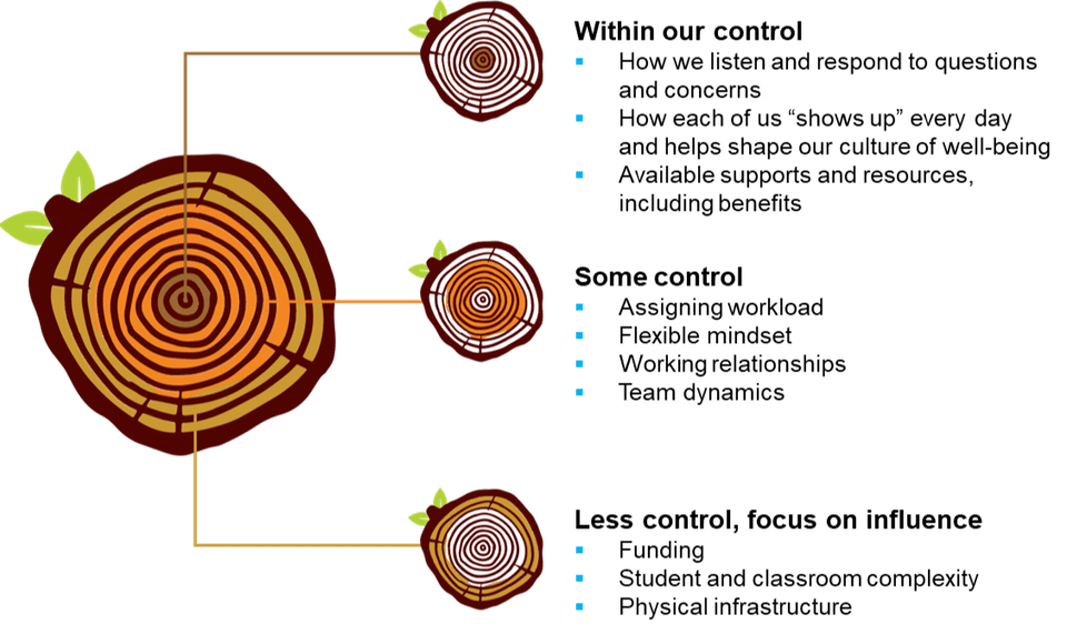 Diagram of a cross-section of a tree trunk, to explain what is within the CBE's control, what the CBE has some control over, and what the CBE has less control over -- and will focus on influencing -- related to well-being.