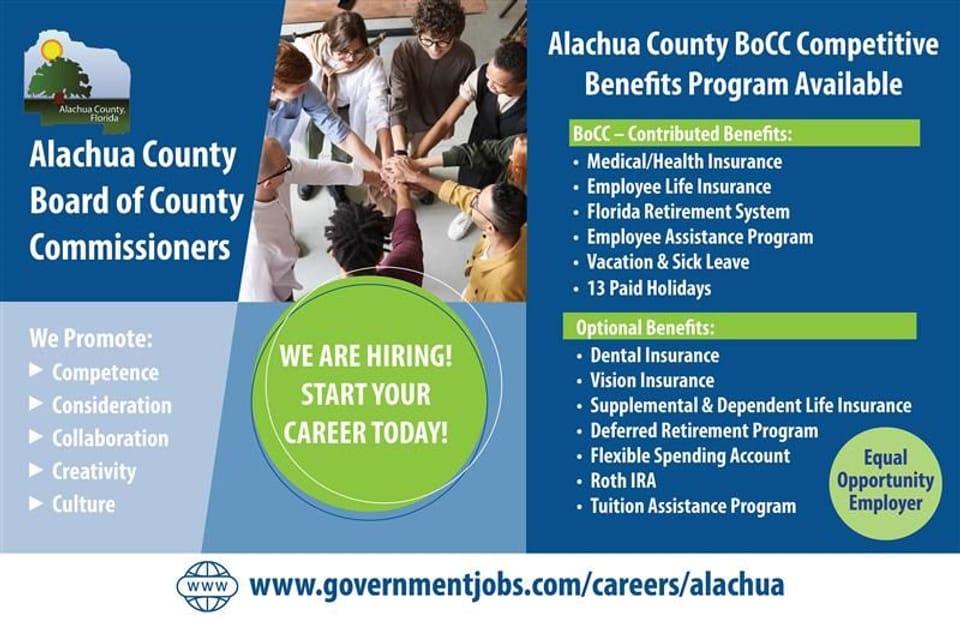 Alachua County BOCC job benefits and opportunities at www.governmentjob.com/careers/alachua