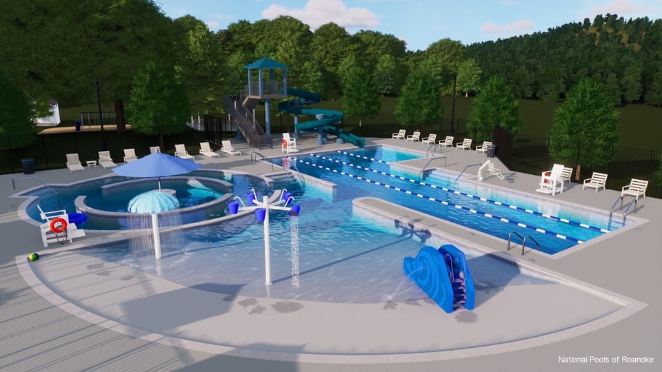 Pool design with lap lanes, a large slide, and shallow water features